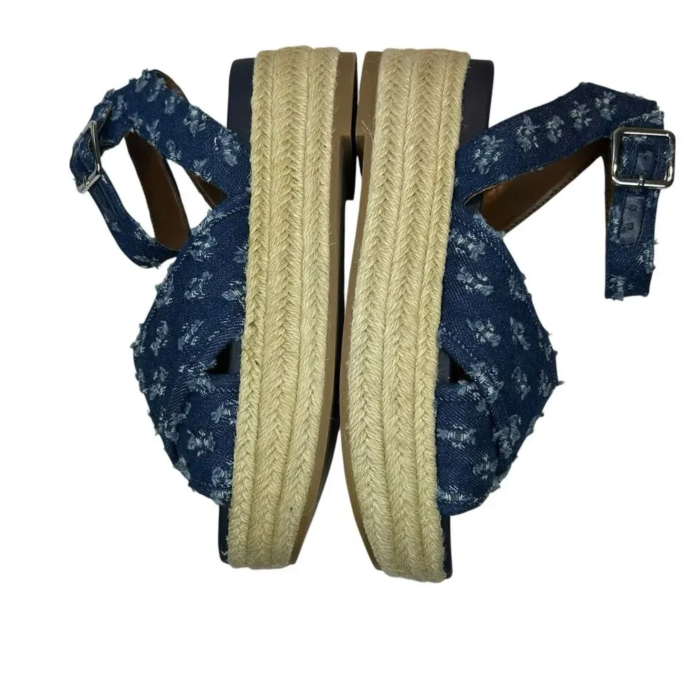 Nine West Espadrille Platform Sandals 6M Showrunner Denim Ankle Strap Open Toe